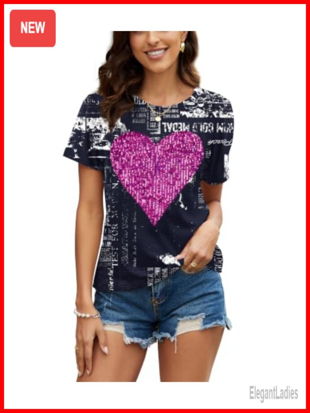 Sequin Graphic Tee Short Sleeve Heart Sparkle Top